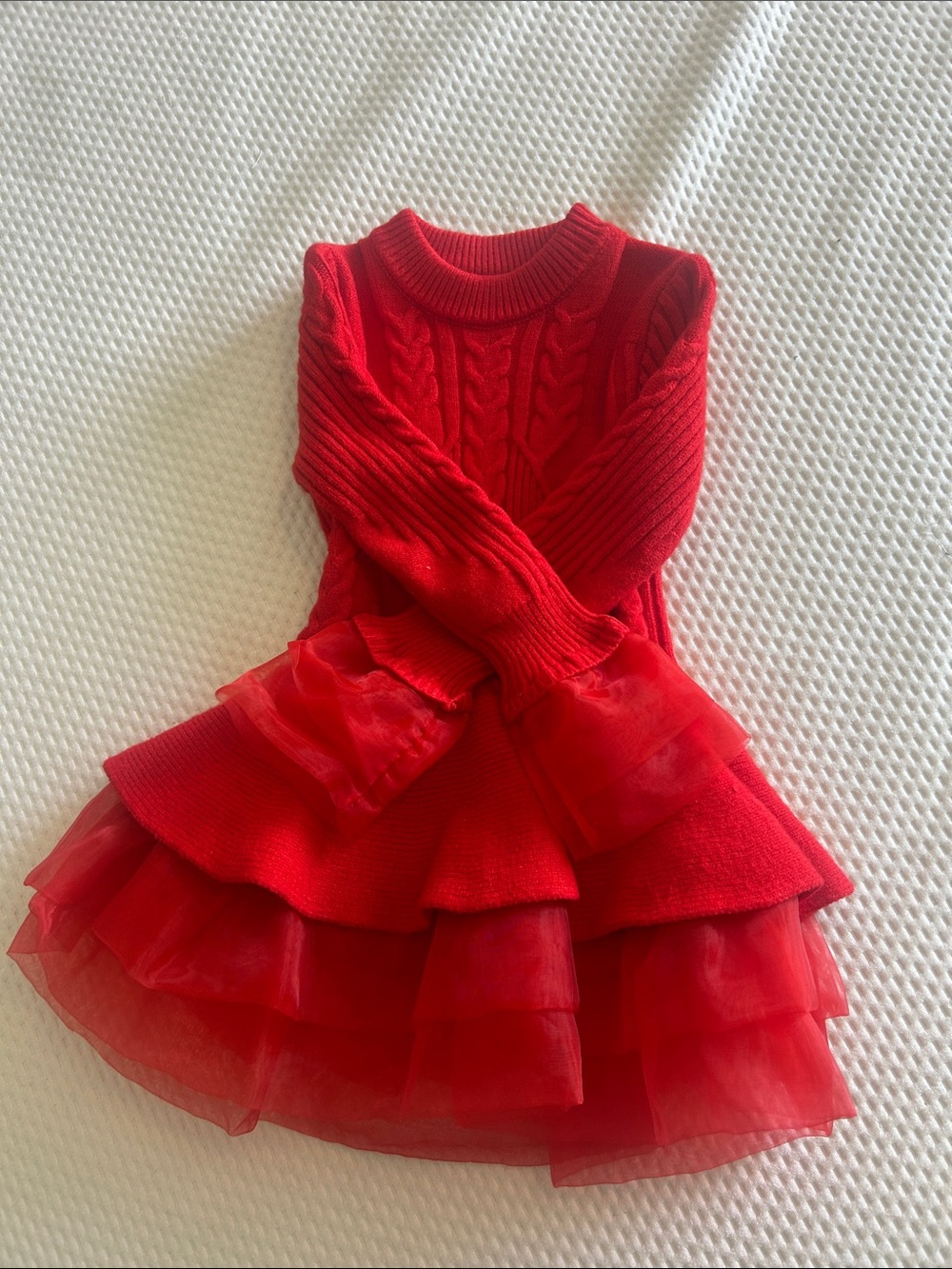 Red Cable Knit & Tulle Tiered Dress